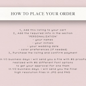 May include: A light pink background with the text "HOW TO PLACE YOUR ORDER". Instructions include adding the listing to your cart, providing personalization details, and purchasing. The text also mentions proofs and final files.
