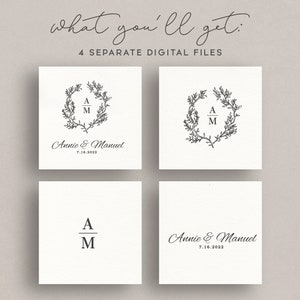 May include: Four square digital files with wedding-themed designs. Each card features a black and white floral wreath, initials, and the names "Annie & Manuel" with the date "7.16.2022". The text "what you'll get: 4 SEPARATE DIGITAL FILES" is at the top.