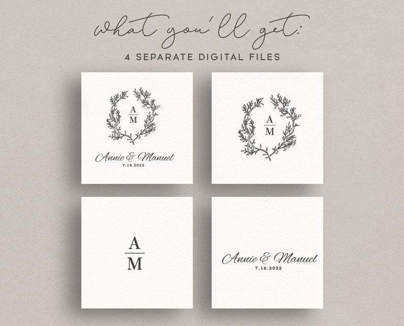 May include: Four square digital files with wedding-themed designs. Each card features a black and white floral wreath, initials, and the names "Annie & Manuel" with the date "7.16.2022". The text "what you'll get: 4 SEPARATE DIGITAL FILES" is at the top.
