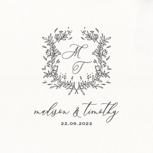 Gebladerte Wedding Crest Design Kit, Aangepaste Bruiloft Monogram Design, Bloemenkrans Bruiloft Logo Set, Bruiloft Digitaal Logo-1217070320-