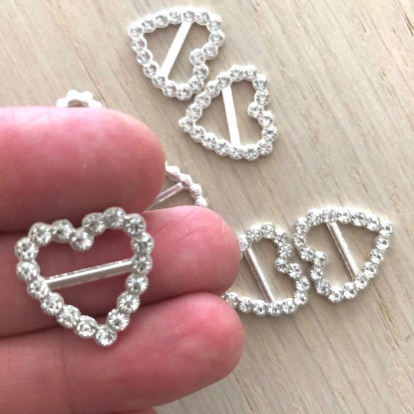 Silver Heart Shaped Rhinestone Buckle Slider, Set of 5, Hair Bow Centers, Approximately 0.7 inch. Click to see more!!