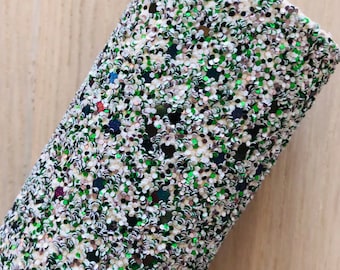 Green, Silver and White Chunky Glitter Fabric, 11.5x8