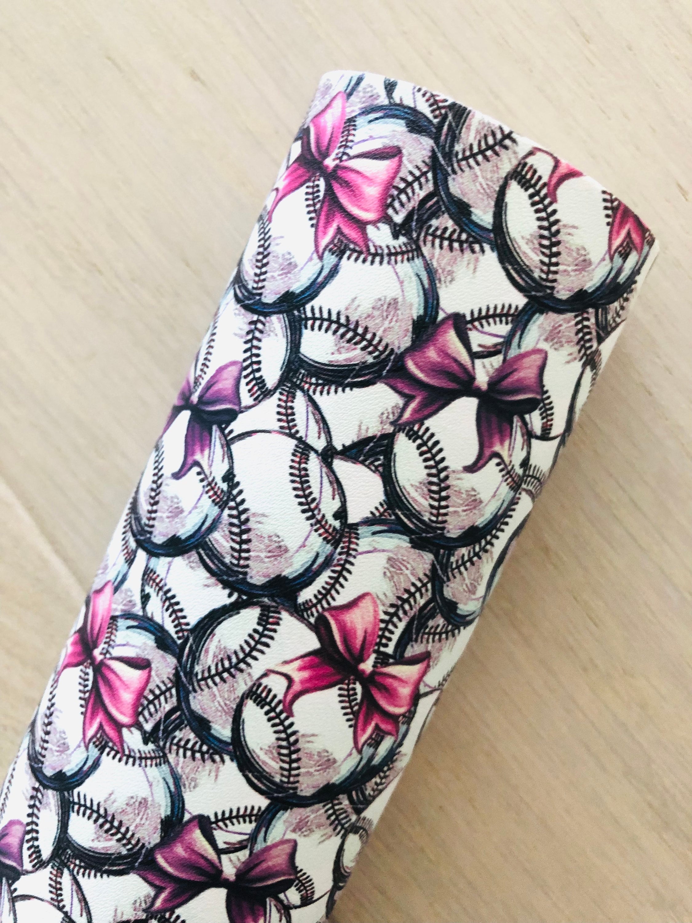 Sports, Baseball, Pink Bow, Printed Smooth Faux Leather, Material for Making Hair Bows, Earrings. Printed Vinyl, 12x8, 12x26, 12x52