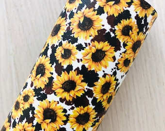 Sunflowers, Brown Cow Print, Printed Smooth Faux Leather, Materials for Making Hair Bows, Earrings, 12x8, 12x26, 12x52