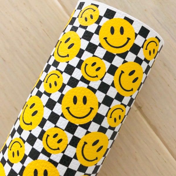 Smiley Face, Smiling Face, Retro, Black Checker, Printed Pebbled Faux Leather, Materials for Making Hair Bows, Earrings, 12x8, 12x26