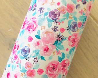 Watercolor Pink and Purple Floral Printed Smooth Faux Leather, 12x8, 12x26, 12x52
