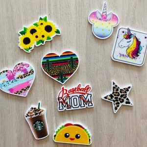 Assorted Planar Resin, 9 designs, Set of 2, Flat Back Resin, Bow Centers, Sunflowers, Leopard Stars, Unicorns, Cactus, Taco, Baseball Mom