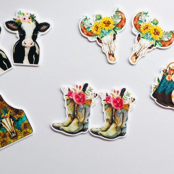 Western, Cow, Planar Resin, Flat Back Resin, Set of 2, Bow Centers, Sunflowers, Bullhead, Heifers, Cows, Horses, Boots, Cowboys, 5 Designs