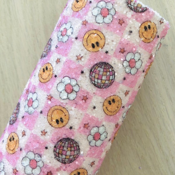 Smiley Face, Disco Ball, Flower, Pink and White Checker, Printed Chunky Glitter Fabric, Hair Bow and Earring Supplies, 12x8, 12x26