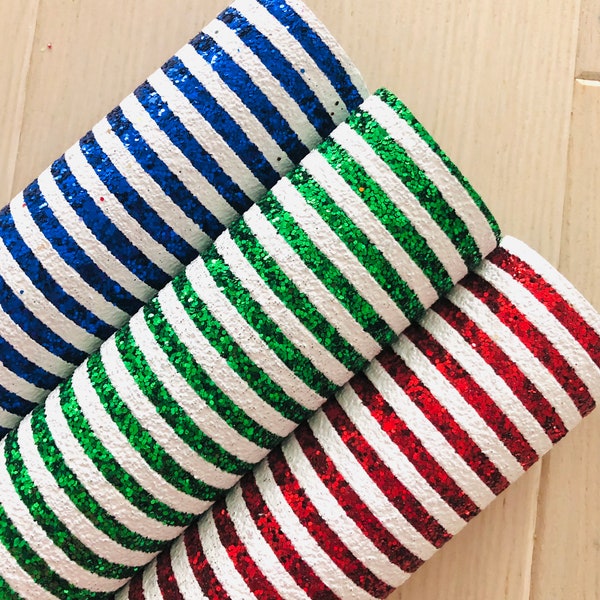 Colored Strips, Red and White, Green and White, Blue and White, Chunky Glitter Fabric Sheet, Supplies for Making Hair Bows, Earrings, 12x8