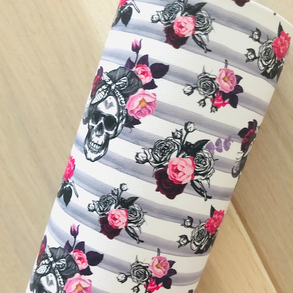 Skulls with Flowers, Printed Smooth Faux Leather. Supplies for Hair Bows or Earrings, 12x8, 12x26