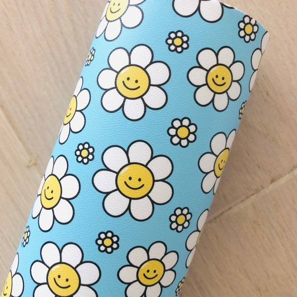 Smiley Face, Smiling Face, Flowers, Retro, Printed Faux Leather Sheet, Materials for Making Hair Bows, Earrings, 12x8, 12x26