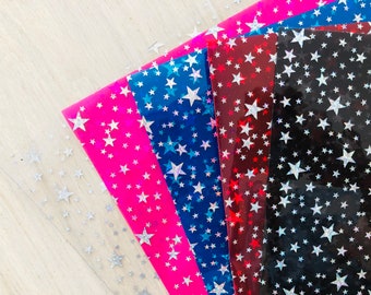 Iridescent Stars, Glittering Stars, Silver Stars, Jelly Sheet, Waterproof Vinyl, Pool Bow Supplies, Hair Bow Materials, 11.5x8