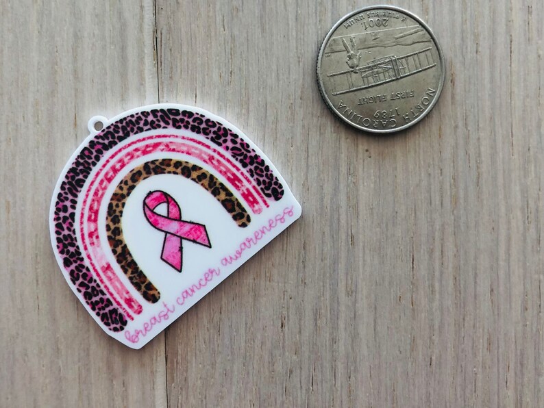 May include: Pink and brown leopard print rainbow with a pink ribbon in the center. The rainbow has the text "breast cancer awareness" written on it.