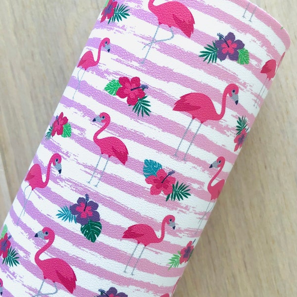 Pink Flamingo, Tropical Flowers, Watercolor, Printed Smooth Faux Leather, Materials for Making Hair Bows or Earrings. 12x8, 12x26