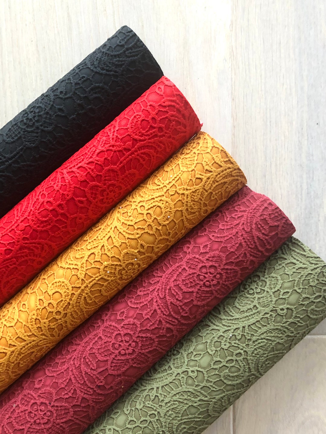 Lace Embossed Faux Leather, Black, Red, Olive Green, Maroon, Mustard ...
