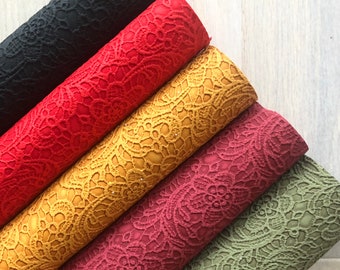 Lace Embossed Faux Leather, Black, Red, Olive Green, Maroon, Mustard Yellow, 12x8, 12x26
