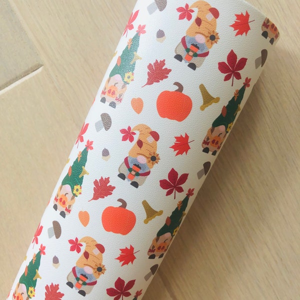 Gnome, Pumpkins, Fall, Maple Leaves, Printed Smooth Faux Leather, Materials for Making Hair Bows or Jewelry, 12x8, 12x26