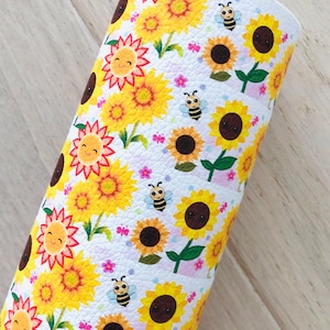 Sunflowers, Bee, Sun, Printed Pebbled Faux Leather, Hair Bow Making, Jewelry Making, 12x8, Printed Vinyl