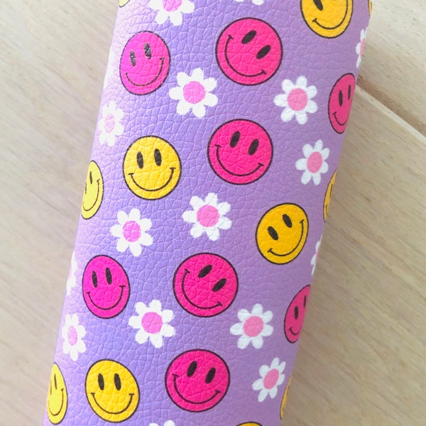 Smiley Face, Smiling Face, Flowers, Retro, Printed Pebbled Faux Leather Sheet, Materials for Making Hair Bows, Earrings, 12x8