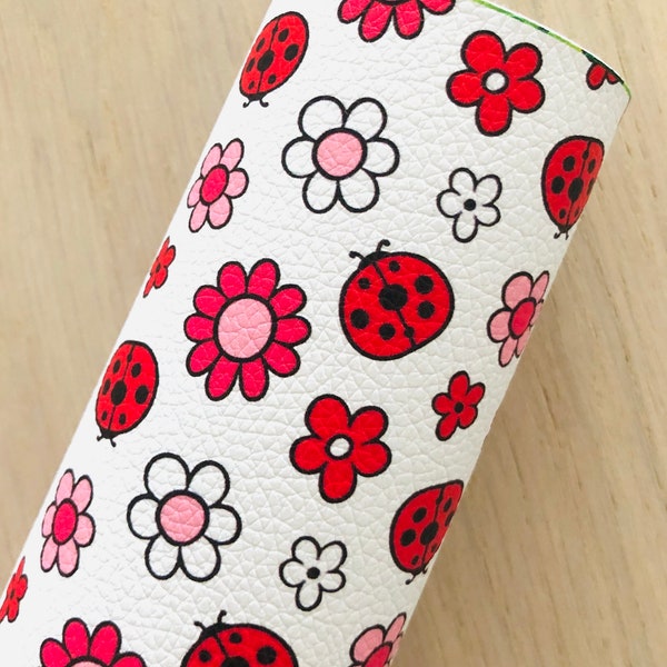 Lady Bugs, Flowers, Ladybugs, Printed Pebbled Faux Leather, Material for Making Hair Bows, Earrings, 12x8