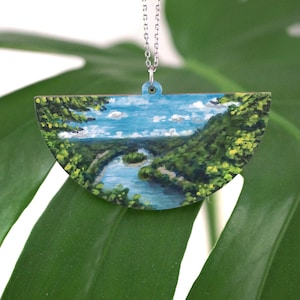 Handpainted Pendant Necklace | Delaware Water Gap  | Watercolor | Handmade Necklace | Lasercut Wood | Landscape | New Jersey | Pennsylvania