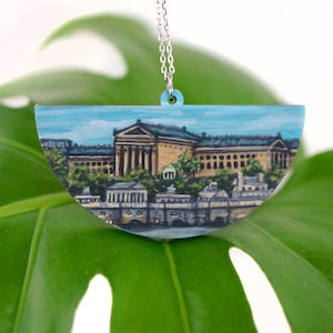 Handpainted Pendant Necklace | Philly Art Museum  | Watercolor | Ink | Handmade Necklace | Lasercut Wood | Landscape Sunset | Philadelphia