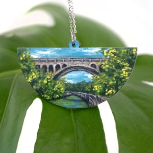 Handpainted Pendant Necklace | Wissahickon Valley Park  | Watercolor | Ink | Handmade Necklace | Lasercut Wood | Landscape Necklace | Philly