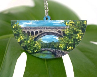 Handpainted Pendant Necklace | Wissahickon Valley Park  | Watercolor | Ink | Handmade Necklace | Lasercut Wood | Landscape Necklace | Philly