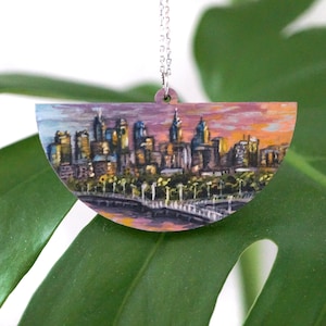 Handpainted Pendant Necklace | Philadelphia Skyline | Watercolor | Ink | Handmade Necklace | Lasercut Wood | Landscape Necklace | City