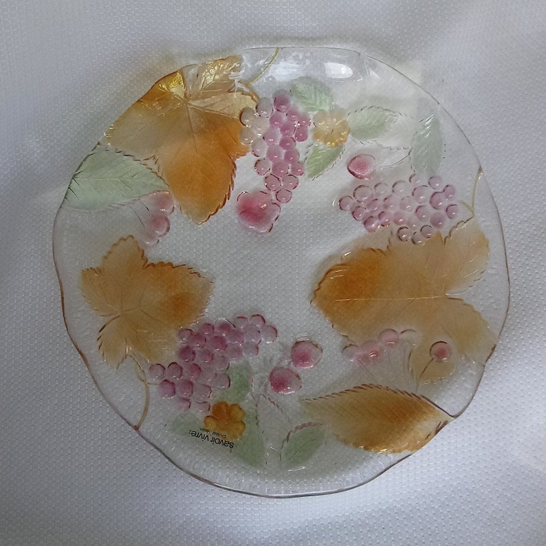 Mikasa Studio Nova Japan Cornucopia Pattern Savoir Vivre Crystal Glass Serving Platter Fruit Wild Orchard Grapes Leaves Cherries Centerpiece