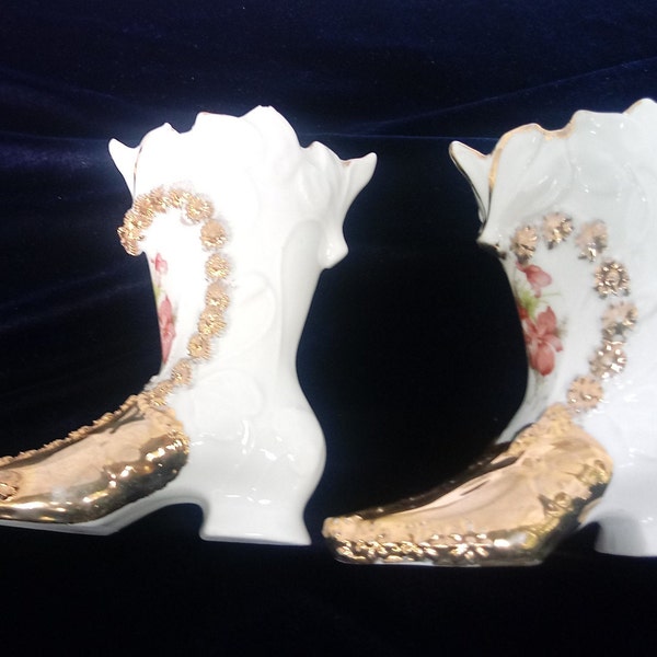 2 Very Similar Numbered Antique Floral Transfer Gold Trim Ceramic Porcelain Miniature Shoe Boot Vases