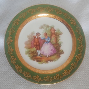 Limoges France Courting Couple Green Rim Gold Decorative Collector Plate
