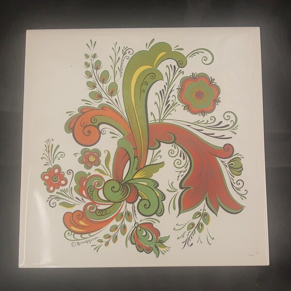 Bergren Trayner Originals Handscreened Decorative Tile  Ceramic Trivet Scandinavian Rosemaling Design No. 167 W