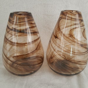Set of 2 Hand Blown Brown and Clear Murano Style Swirl Art Glass Vases