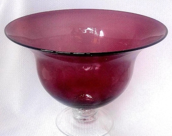 Vintage Purple Blown Art Glass Compote, Clear Pedestal Bowl