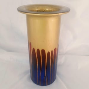 TURKISH IRIDESCENT GLASS! Poured Iridescent Gold Red and Purple Glaze Glass Cylindrical Vase Made in Turkey