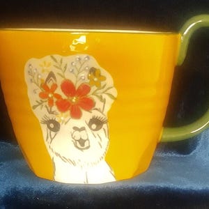TOTALLY GROOVY!  Groovy Green Handled Yellow Ceramic Llama Mama with Orange Flower Hat Mug