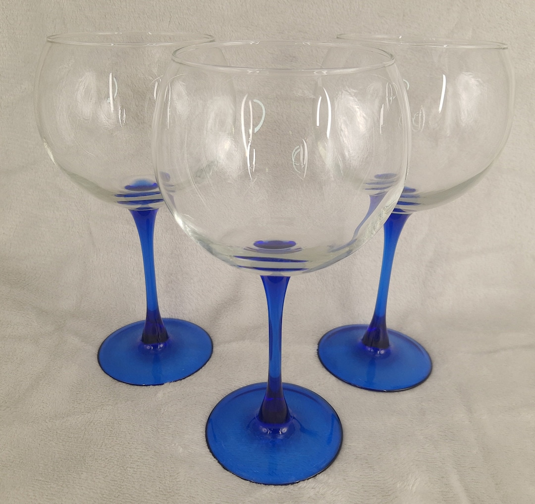 Set of 3 Cobalt Blue Stem Clear Globe Goblet Wine Glasses Etsy
