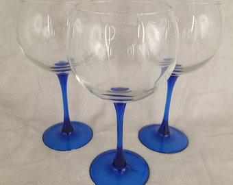 Set of 3 Cobalt Blue Stem Clear Globe Goblet Wine Glasses