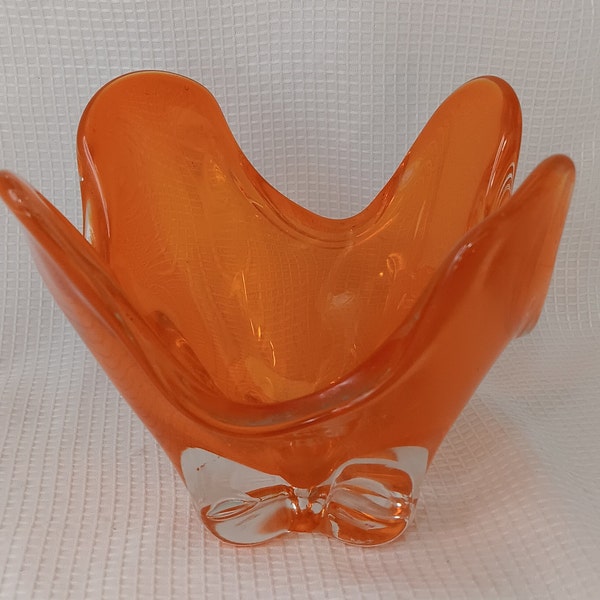 Free Form Clear Cased Orange Swung Murano Art Glass Handkerchief Bowl