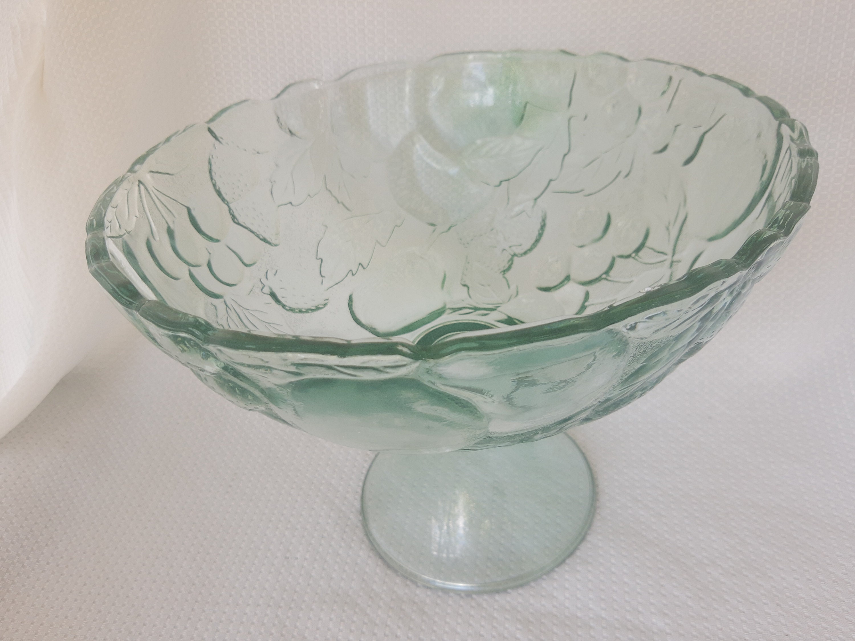 Vintage Pressed Green Glass Fruit Embossed Pedestal Fruit Bowl Etsy