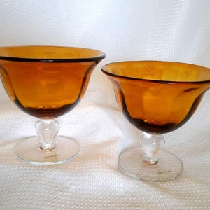MATCHING CANDY DISHES!  Set of 2 Hand Crafted Amber Glass Clear Pedestal Compote Candy Dish