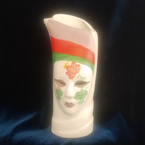 CHRISTMS COLORS!  Face Vace!  Red White and Green Ceramic Face Vase Reticulated Eyes