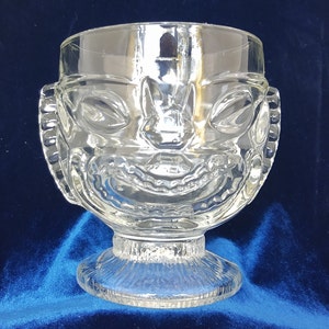 TIKI MUG!  Vintage Indiana Glass Clear 2 Faced Smiling and Frowning Tiki Mug