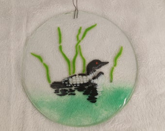 DUCK DECOR! Fused Round Glass Swimming Black and White Duck in Reeds Wall Art