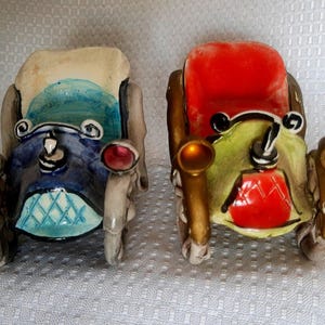 Set of 2 Adorable Handmade Sculpted Anthropomorphic Antique Model Cars Signed by Artist
