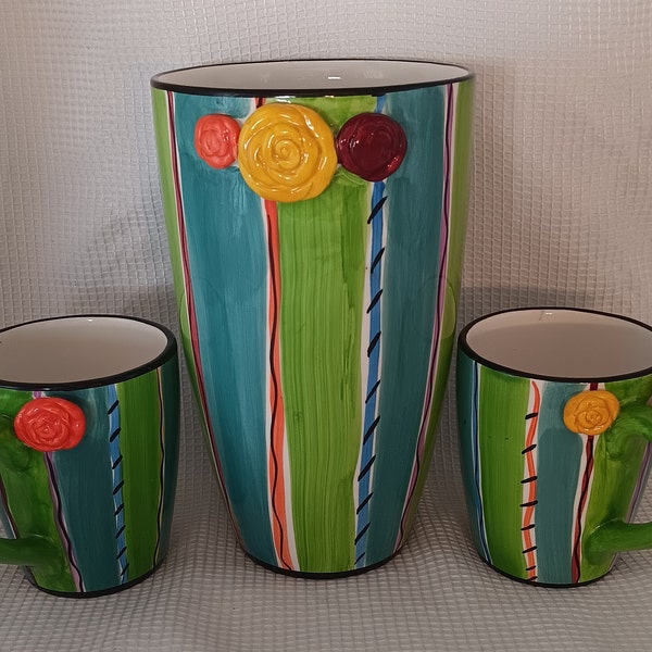 Colorful Ceramic Hand Painted Vase and Mugs Art Pottery Set by Blue Ridge Designs with Attached 3D Roses