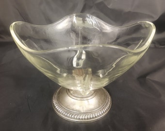 ART DECO RETRO! Vintage Art Deco Glass with Metal Pedestal Compote Serving Bowl Candy Dish
