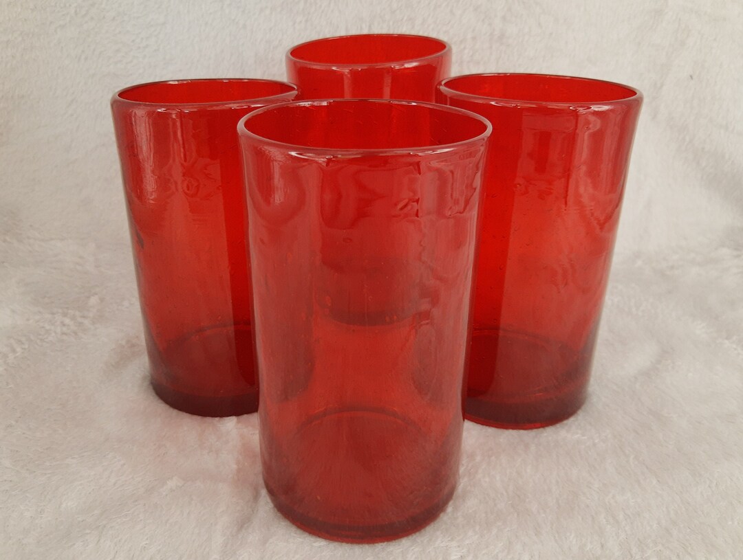 RED GLASS TUMBLERS Set of 4 Hand Blown Red Bubble Glass Etsy
